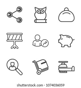 Premium outline set of icons containing object, luggage, money, bank, transport, aviation, investment, music, leather. Simple, modern flat vector illustration for mobile app, website or desktop app