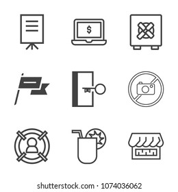 Premium outline set of icons containing glass, lock, marketing, white, shop, computer, wind, country, group, bank, pc. Simple, modern flat vector illustration for mobile app, website or desktop app