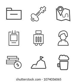 Premium outline set of icons containing map, sky, female, storage, travel, bank, baggage, data, bag, management, antique. Simple, modern flat vector illustration for mobile app, website or desktop app