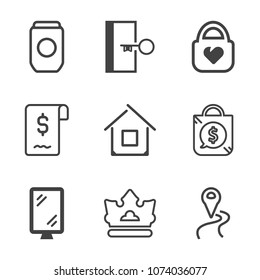 Premium outline set of icons containing container, fire, queen, aluminum, home, object, tin, crown, metal, king, arrow. Simple, modern flat vector illustration for mobile app, website or desktop app