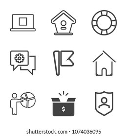 Premium outline set of icons containing wooden, mobile, communication, birdhouse, chat, protect, internet, flag, wood. Simple, modern flat vector illustration for mobile app, website or desktop app