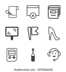 Premium outline set of icons containing book, internet, learning, billboard, approve, banner, laboratory, textbook, tool. Simple, modern flat vector illustration for mobile app, website or desktop app