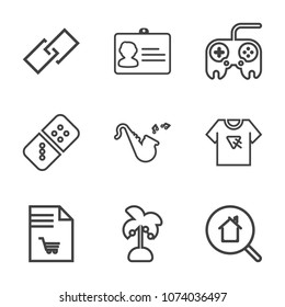 Premium outline set of icons containing tropical, list, bugle, identification, home, arrow, musical, online, white, palm. Simple, modern flat vector illustration for mobile app, website or desktop app
