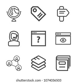 Premium outline set of icons containing call, direction, communication, unknown, technology, information, service, label. Simple, modern flat vector illustration for mobile app, website or desktop app