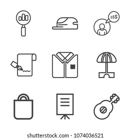 Premium outline set of icons containing musical, freelancer, head, summer, computer, businessman, guitar, present, hat. Simple, modern flat vector illustration for mobile app, website or desktop app