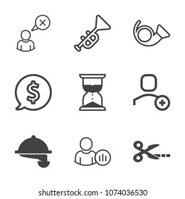 Premium outline set of icons containing frame, musical, minute, service, delete, man, web, hour, price, label, network. Simple, modern flat vector illustration for mobile app, website or desktop app