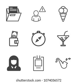 Premium outline set of icons containing label, dessert, internet, face, office, purse, drink, south, cocktail, file, ice. Simple, modern flat vector illustration for mobile app, website or desktop app