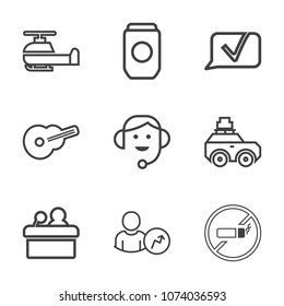 Premium outline set of icons containing car, flight, travel, no, fly, center, can, transportation, metal, musical, food. Simple, modern flat vector illustration for mobile app, website or desktop app
