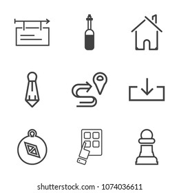Premium outline set of icons containing strategy, tie, business, horse, medicine, download, device, game, compass, house. Simple, modern flat vector illustration for mobile app, website or desktop app