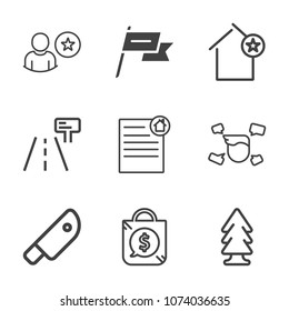 Premium outline set of icons containing waving, white, road, profile, nation, apartment, document, application, kitchen. Simple, modern flat vector illustration for mobile app, website or desktop app
