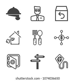 Premium outline set of icons containing banner, security, cafe, woman, waiter, business, shipping, service, estate, kite. Simple, modern flat vector illustration for mobile app, website or desktop app