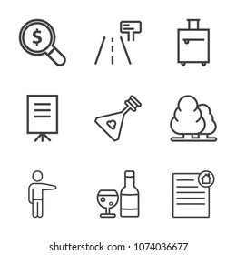 Premium outline set of icons containing internet, website, pointing, musical, environment, presentation, house, travel. Simple, modern flat vector illustration for mobile app, website or desktop app