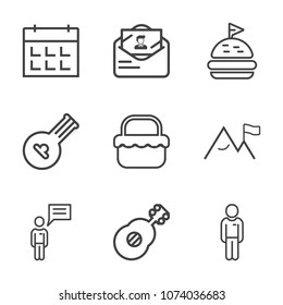 Premium outline set of icons containing fresh, tomato, meat, envelope, person, play, instrument, park, music, melody. Simple, modern flat vector illustration for mobile app, website or desktop app
