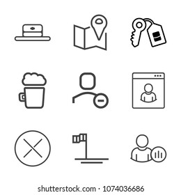 Premium outline set of icons containing white, unlock, hat, travel, fashion, pub, glass, internet, social, pin, male. Simple, modern flat vector illustration for mobile app, website or desktop app