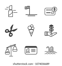 Premium outline set of icons containing water, food, dessert, beach, scale, identity, pink, weight, name, cut, blue, red. Simple, modern flat vector illustration for mobile app, website or desktop app