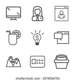 Premium outline set of icons containing bank, male, drink, speech, lock, digital, message, display, idea, chat, map, pin. Simple, modern flat vector illustration for mobile app, website or desktop app