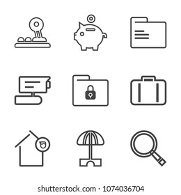 Premium outline set of icons containing landlord, paper, piggy, economy, lock, pig, background, house, parasol, banking. Simple, modern flat vector illustration for mobile app, website or desktop app