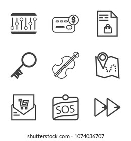 Premium outline set of icons containing security, sound, button, credit, receipt, rewind, card, key, label, map, finance. Simple, modern flat vector illustration for mobile app, website or desktop app