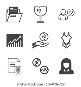 Premium outline set of icons containing young, broken, money, open, technology, object, online, face, financial, girl. Simple, modern flat vector illustration for mobile app, website or desktop app