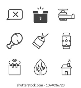 Premium outline set of icons containing web, transport, house, chat, helicopter, person, forest, carton, home, landscape. Simple, modern flat vector illustration for mobile app, website or desktop app