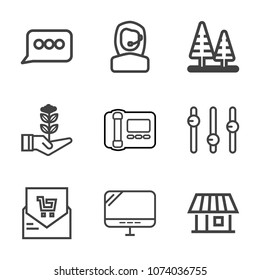 Premium outline set of icons containing retail, growth, supermarket, message, environment, bill, nature, call, seedling. Simple, modern flat vector illustration for mobile app, website or desktop app