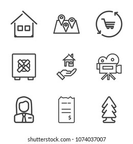 Premium outline set of icons containing employer, tripod, pin, retro, bill, safety, security, construction, shop, movie. Simple, modern flat vector illustration for mobile app, website or desktop app