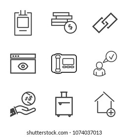 Premium outline set of icons containing apartment, label, link, window, new, bag, travel, wealth, hyperlink, interface. Simple, modern flat vector illustration for mobile app, website or desktop app