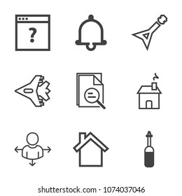 Premium outline set of icons containing medicine, laboratory, cell, jetliner, musical, sky, travel, aircraft, reminder. Simple, modern flat vector illustration for mobile app, website or desktop app