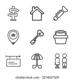 Premium outline set of icons containing billboard, location, happy, work, trumpet, banner, musical, basket, job, poster. Simple, modern flat vector illustration for mobile app, website or desktop app