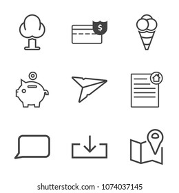 Premium outline set of icons containing coin, web, house, cream, environment, bank, send, sign, green, cash, road, email. Simple, modern flat vector illustration for mobile app, website or desktop app