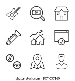 Premium outline set of icons containing map, property, travel, pin, sign, estate, profile, cash, building, human, home. Simple, modern flat vector illustration for mobile app, website or desktop app