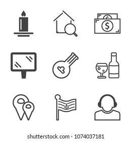 Premium outline set of icons containing decoration, drink, money, candlelight, finance, technology, america, internet. Simple, modern flat vector illustration for mobile app, website or desktop app