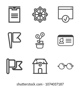 Premium outline set of icons containing internet, wheel, sign, money, delivery, house, building, shipping, america, tree. Simple, modern flat vector illustration for mobile app, website or desktop app