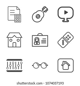 Premium outline set of icons containing video, music, web, coin, investment, banking, cash, profile, financial, guitar. Simple, modern flat vector illustration for mobile app, website or desktop app