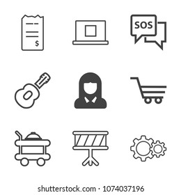 Premium outline set of icons containing rock, young, web, profile, finance, bed, paper, music, safety, service, cart. Simple, modern flat vector illustration for mobile app, website or desktop app