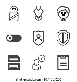 Premium outline set of icons containing summer, work, clock, shield, cooking, protection, off, switch, restaurant, time. Simple, modern flat vector illustration for mobile app, website or desktop app