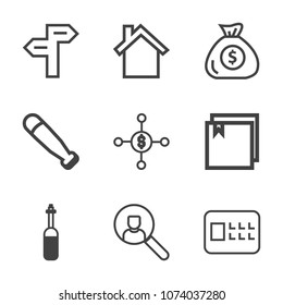 Premium outline set of icons containing sign, business, direction, finance, laboratory, financial, medicine, cellphone. Simple, modern flat vector illustration for mobile app, website or desktop app