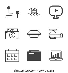 Premium outline set of icons containing location, graphic, hamburger, screen, vacation, media, burger, transportation. Simple, modern flat vector illustration for mobile app, website or desktop app