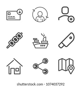 Premium outline set of icons containing share, dollar, sea, estate, finance, refresh, man, location, house, pin, cash. Simple, modern flat vector illustration for mobile app, website or desktop app