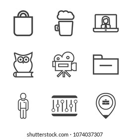 Premium outline set of icons containing internet, surprise, retro, file, owl, animal, mug, call, pint, folder, male, bag. Simple, modern flat vector illustration for mobile app, website or desktop app