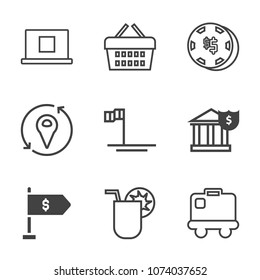 Premium outline set of icons containing glass, mexico, gambling, retail, leisure, shop, purchase, bag, drink, money, map. Simple, modern flat vector illustration for mobile app, website or desktop app