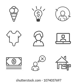 Premium outline set of icons containing home, technology, bodysuit, concept, sweet, cute, dessert, businessman, white. Simple, modern flat vector illustration for mobile app, website or desktop app