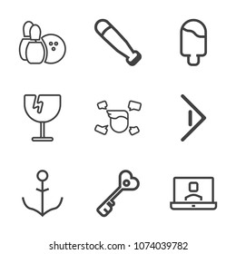 Premium outline set of icons containing right, crash, pin, bowling, strike, equipment, boy, door, ship, destruction, man. Simple, modern flat vector illustration for mobile app, website or desktop app