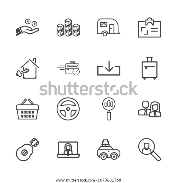 Premium outline set of icons containing store,\
technology, account, people, distribution, business, laboratory,\
computer. Simple, modern flat vector illustration for mobile app,\
website or desktop app