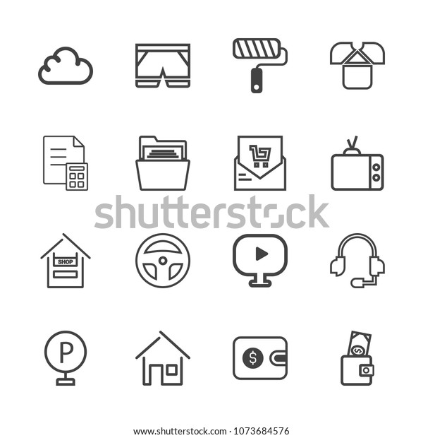 Premium outline set of icons containing urban,\
equipment, store, tshirt, customer, media, call, wallet, car,\
headset. Simple, modern flat vector illustration for mobile app,\
website or desktop app