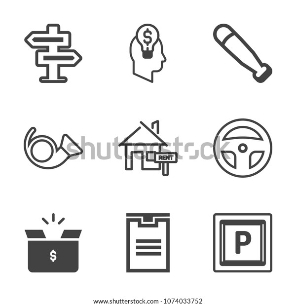Premium outline set of icons containing bat, trumpet,\
car, idea, entrance, cardboard, rent, medicine, house, transport.\
Simple, modern flat vector illustration for mobile app, website or\
desktop app
