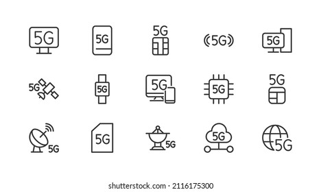 Premium pack of 5g line icons. Stroke pictograms or objects perfect for web, apps and UI. Set of 20 5g outline signs. 