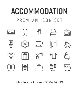 Paquete premium de iconos de línea de alojamiento. Pictogramas de ataque u objetos perfectos para web, aplicaciones e interfaz de usuario. Conjunto de 20 señales de esquema de alojamiento. 