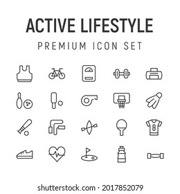 Premium pack of active lifestyle line icons. Stroke pictograms or objects perfect for web, apps and UI. Set of 20 active lifestyle outline signs. 