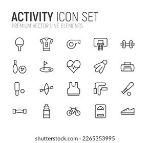 Premium pack of activity line icons. Stroke pictograms or objects perfect for web, apps and UI. Set of 20 activity outline signs. 